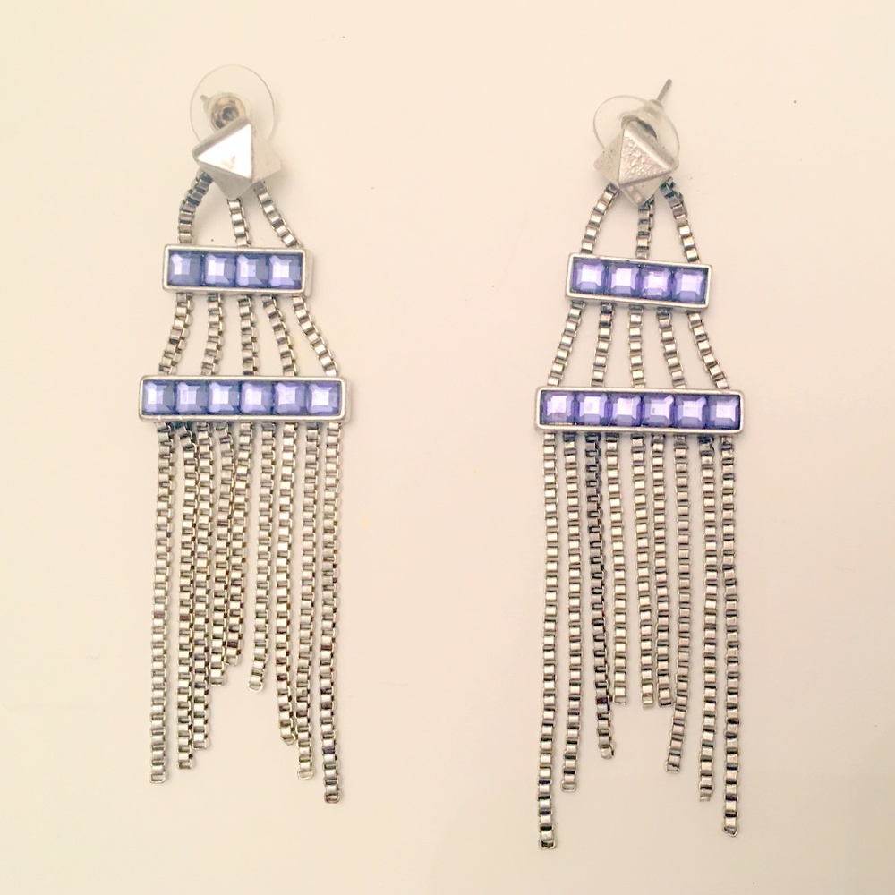 Silver & Blue Chain Statement Pieced Earrings 3" Artist Design Wedding Earrings